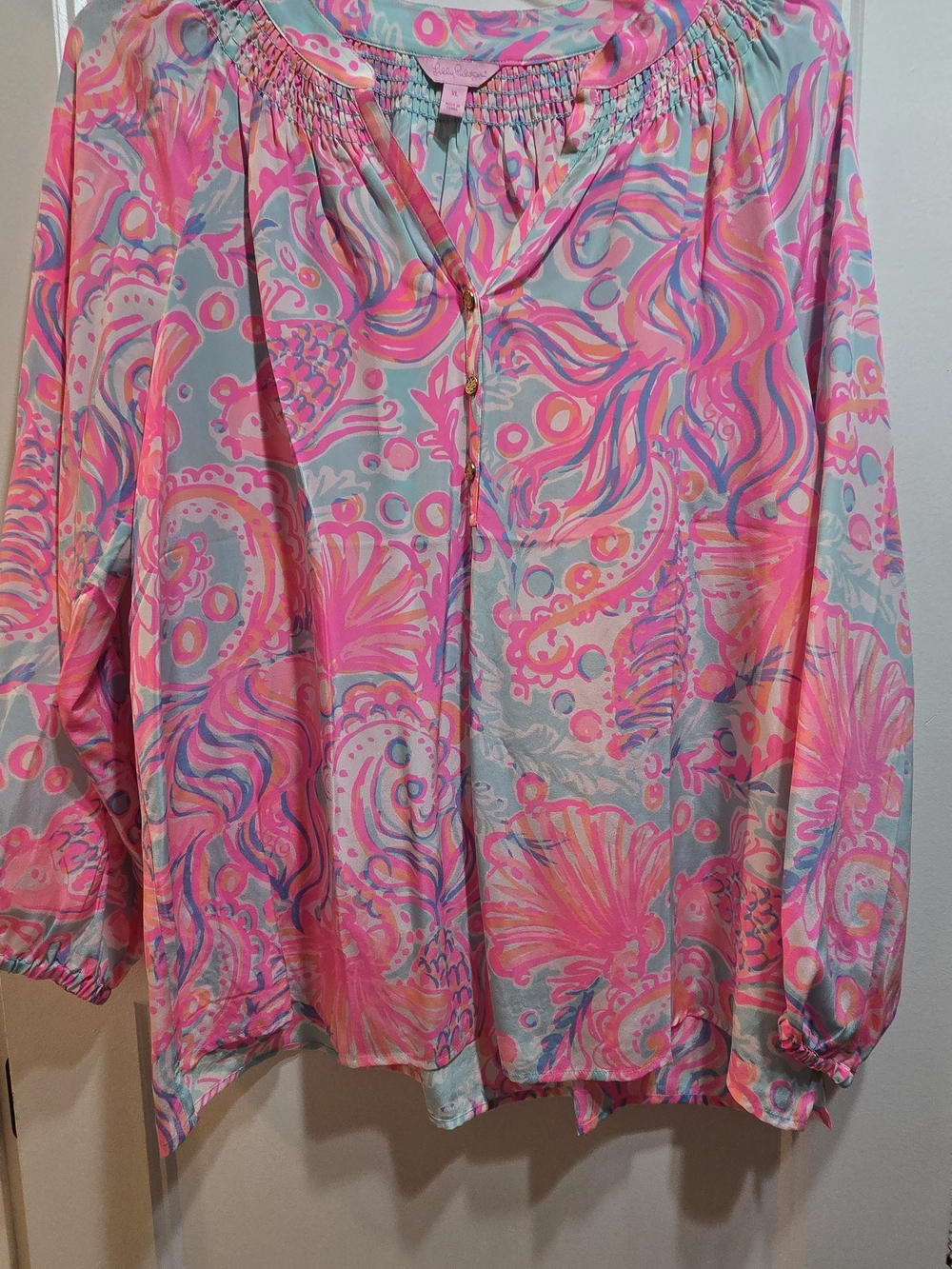 Lilly Pulitzer Pink & Aqua Paisley Elsa Blouse Size XL